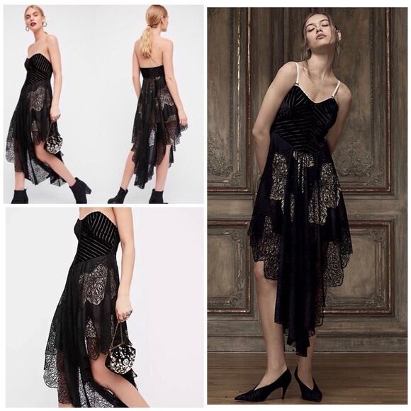 Free People Dark Fairy Velvet & Lace Midi Dress 6 Hi-Low Whimsigoth Goth Formal - Picture 2 of 11